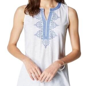 J. Jill Size M Bohemian Breeze Embroidered White-blue Split-Neck Sleeveless NEW